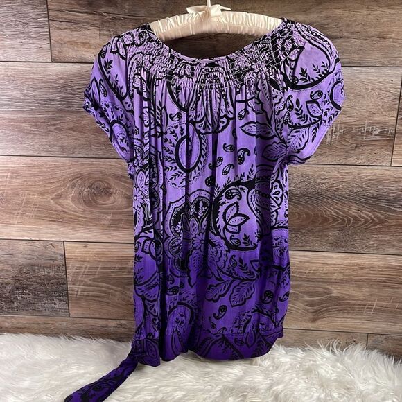 Apt 9 Ladies Scoop Neck Shirt Sleeve Blouse Top Small Purple Floral Paisley - Picture 6 of 7